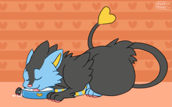 Size: 1399x873 | Tagged: safe, artist:pocketpaws, fictional species, luxray, mammal, feral, nintendo, pokémon, 2022, 2d, 2d animation, ambiguous gender, animated, drinking, eyes closed, frame by frame, gif, milk, smiling, solo, solo ambiguous