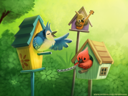 Size: 800x604 | Tagged: safe, artist:cryptid-creations, bird, blue jay, cardinal, corvid, jay, songbird, feral, 2d, ambiguous gender, ambiguous only, beak, birdhouse, eyes closed, flute, group, guitar, musical instrument, open beak, open mouth, singing, trio, trio ambiguous