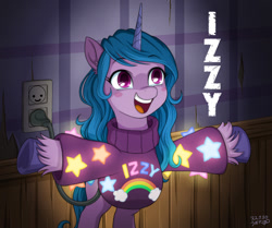 Size: 1200x1003 | Tagged: safe, artist:uotapo, izzy moonbow (mlp), mabel pines (gravity falls), equine, fictional species, mammal, pony, unicorn, feral, disney, gravity falls, hasbro, my little pony, my little pony g5, spoiler:my little pony g5, clothes, crossover, female, mare, scene parody, sweater, this will not end well, topwear