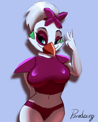 Size: 960x1200 | Tagged: safe, artist:paradoxing5, glamrock chica (fnaf), bird, chicken, galliform, anthro, five nights at freddy's, five nights at freddy's: security breach, 2022, beak, bedroom eyes, belly button, bottomwear, bow, breasts, clothes, digital art, ears, eyelashes, female, front view, hair, hair bow, shorts, shoulder pads, simple background, solo, solo female, tank top, thighs, topwear, wide hips
