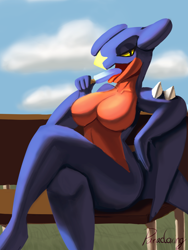Size: 900x1200 | Tagged: safe, artist:paradoxing5, fictional species, garchomp, anthro, nintendo, pokémon, 2022, bedroom eyes, bench, breasts, detailed background, digital art, ears, eyelashes, featureless breasts, female, food, looking at you, open mouth, popsicle, pose, scales, sharp teeth, sitting, solo, solo female, tail, teeth, thighs, tongue, tongue out, wide hips