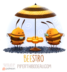 Size: 754x811 | Tagged: safe, artist:cryptid-creations, arthropod, bee, insect, semi-anthro, 2d, ambiguous gender, ambiguous only, cafe, container, cup, drinking, duo, duo ambiguous, patreon, pun, sitting, umbrella, visual pun