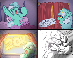 Size: 4408x3512 | Tagged: safe, artist:witchtaunter, lyra heartstrings (mlp), equine, fictional species, mammal, pony, unicorn, feral, friendship is magic, hasbro, my little pony, 2022, bed, celebration, chest fluff, comic, curtains, cute, ear fluff, faic, female, floppy ears, fluff, funny, high res, horn, magic, mare, milestone, open mouth, screaming, solo, solo female, speech bubble, squint, stretching, waking up, yawning, yelling