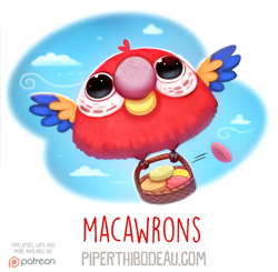 Size: 720x705 | Tagged: safe, artist:cryptid-creations, bird, macaw, parrot, feral, 2d, ambiguous gender, basket, container, flying, food, macaron, patreon, pun, solo, solo ambiguous, visual pun
