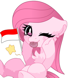 Size: 2508x2787 | Tagged: safe, artist:muhammad yunus, oc, oc only, oc:annisa trihapsari, earth pony, equine, fictional species, mammal, pony, feral, friendship is magic, hasbro, my little pony, ;p, blushing, cute, flag, indonesia, ocbetes, one eye closed, simple background, solo, tongue, tongue out, transparent background