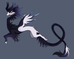 Size: 2048x1641 | Tagged: safe, artist:rinkill128, oc, oc only, dragon, fictional species, feral, ambiguous gender, black body, fantasy, hair, long tail, solo, tail, white body, wings