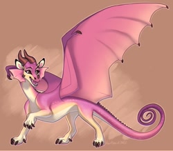 Size: 1277x1119 | Tagged: safe, artist:_heartspark, dragon, fictional species, feral, wings of fire (book series), 2022, ambiguous gender, brown eyes, digital art, ears, fantasy, horns, open mouth, paws, pink body, scales, signature, simple background, solo, tail, white body, wings