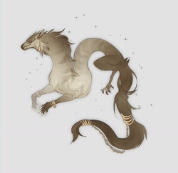Size: 1594x1548 | Tagged: safe, artist:mortimillian, oc, oc only, dragon, fictional species, feral, ambiguous gender, brown body, brown fur, fantasy, fur, gold, jewelry, long tail, solo, tail