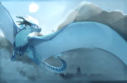 Size: 3653x2398 | Tagged: safe, artist:muddywolgan, oc, oc only, dragon, fictional species, reptile, scaled dragon, western dragon, feral, ambiguous gender, blue body, claws, cloud, fantasy, flying, hair, horns, landscape, mane, mountain, solo, webbed wings, wings