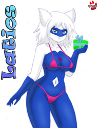 Size: 783x1012 | Tagged: suggestive, artist:shinn, oc, oc only, fictional species, latios, legendary pokémon, anthro, nintendo, pokémon, 2019, absolute cleavage, almost nude, anthrofied, belly button, bikini, breasts, cleavage, clothes, commission, digital art, ears, eyelashes, female, gift, hair, looking at you, micro bikini, rule 63, scales, simple background, solo, solo female, swimsuit, tail, thighs, white background, wide hips
