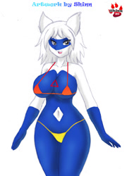 Size: 738x1024 | Tagged: suggestive, artist:shinn, oc, oc only, fictional species, latios, legendary pokémon, anthro, nintendo, pokémon, 2017, absolute cleavage, almost nude, anthrofied, belly button, bikini, breasts, cleavage, clothes, digital art, ears, eyelashes, female, hair, micro bikini, open mouth, rule 63, scales, simple background, solo, solo female, swimsuit, tail, thighs, white background, wide hips
