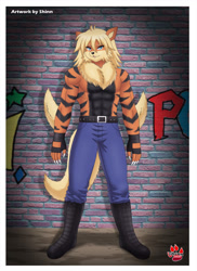Size: 945x1300 | Tagged: safe, artist:shinn, arcanine, fictional species, mammal, anthro, nintendo, pokémon, 2015, abs, belly button, biceps, black nose, boots, bottomwear, clothes, detailed background, digital art, ears, fluff, fur, hair, looking at you, male, muscles, neck fluff, pants, partial nudity, pecs, shoes, solo, solo male, tail, thighs, topless