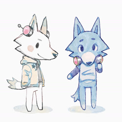 Size: 1517x1515 | Tagged: safe, artist:竹间巷, dj student (rhythm heaven), dj yellow (rhythm heaven), canine, fox, mammal, anthro, animal crossing, nintendo, rhythm heaven, 2021, clothes, crossover, duo, duo male, foxified, front view, headphones, headwear, jacket, looking at you, male, males only, side view, simple background, species swap, tail, topwear, white background