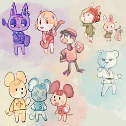 Size: 2048x2048 | Tagged: safe, artist:竹间巷, part of a set, aka-chan (rhythm heaven), ao-kun (rhythm heaven), j.j. rocker (rhythm heaven), karate joe (rhythm heaven), kii-yan (rhythm heaven), bear, bird, canine, cat, dog, feline, galliform, lagomorph, mammal, mouse, peafowl, rabbit, rodent, anthro, animal crossing, nintendo, rhythm heaven, 2021, badass, ball, baseball, beach ball, bearified, bunnified, cap, catified, clothes, crossover, dogified, dress, ear piercing, electric guitar, eyes closed, feathers, female, group, guitar, hanger, hat, headwear, helmet, high res, male, marcher, marching, mousified, murine, musical instrument, open mouth, piercing, pitcher, rocker, soldier, species swap, tail, tongue