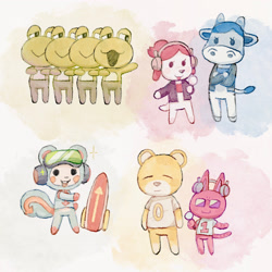 Size: 2048x2048 | Tagged: safe, artist:竹间巷, part of a set, airboarder (rhythm heaven), amphibian, bear, bovid, canine, cat, cattle, cow, dog, feline, frog, mammal, rodent, squirrel, anthro, animal crossing, nintendo, rhythm heaven, 2021, airboard, bearified, catified, clothes, crossed arms, crossover, dogified, female, glasses, goggles, goggles on head, group, headphones, headwear, high res, holding, holding object, jacket, male, microphone, open mouth, rapper, shirt, sunglasses, t-shirt, tail, teeth, tongue, topwear