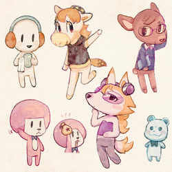 Size: 2048x2048 | Tagged: safe, artist:竹间巷, part of a set, barista (rhythm heaven), chorus kid (rhythm heaven), mc adore (rhythm heaven), tibby (rhythm heaven), bear, canine, cervid, deer, dog, equine, fox, horse, mammal, anthro, animal crossing, nintendo, rhythm heaven, 2021, :3, anthrofied, bag, bearified, bottomwear, bow, bow tie, cheer readers, cheerleader, clothes, container, crossover, cub, deerified, female, foxified, glass, glasses, group, headphones, headwear, high res, holding, holding object, horsified, male, open mouth, raised arm, simple background, smiling, species swap, sunglasses, tail, topwear, towel, wiping, yellow background, young