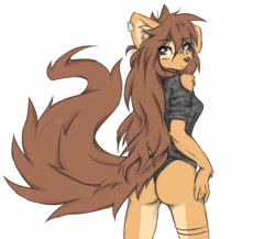 Size: 2508x2181 | Tagged: safe, artist:tinygaypirate, oc, oc:apogee (tinygaypirate), canine, dog, mammal, anthro, 2022, big breasts, big butt, black panties, black underwear, breasts, brown eyes, brown hair, butt, clothes, digital art, ear piercing, female, fluff, fur, hair, long hair, looking at you, looking back, looking back at you, panties, piercing, rear view, simple background, solo, solo female, tail, tail fluff, tan body, tan fur, thick thighs, thighs, underwear, white background, wide hips