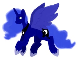 Size: 883x670 | Tagged: safe, artist:stinkysona, princess luna (mlp), alicorn, equine, fictional species, mammal, pony, feral, friendship is magic, hasbro, my little pony, 2022, ethereal mane, ethereal tail, feathered wings, feathers, female, hoof shoes, horn, mare, peytral, smiling, solo, solo female, wings