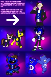 Size: 1363x2048 | Tagged: safe, artist:mrstheartist, oc, oc only, oc:creative bear, oc:mr.s, oc:ponyseb 2.0, oc:seb the bear, oc:seb the pony, oc:soneb the hedgehog, bear, equine, fictional species, hedgehog, human, mammal, pegasus, pony, anthro, feral, plantigrade anthro, semi-anthro, care bears, care bears: unlock the magic, friendship is magic, happy tree friends, hasbro, my little pony, sega, sonic the hedgehog (series), arrow, base used, cap, care bear, care bears: adventures in care-a-lot, clothes, collage, crossover, english text, french text, hat, headwear, jacket, skateboard, snapback, text, topwear