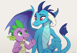 Size: 1520x1058 | Tagged: safe, artist:akeahi, princess ember (mlp), spike (mlp), dragon, fictional species, western dragon, semi-anthro, friendship is magic, hasbro, my little pony, 2d, blue belly, blue body, dragoness, duo, female, green belly, green eyes, looking at each other, male, open mouth, orange eyes, purple body, simple background, white background