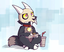 Size: 1280x1033 | Tagged: safe, artist:ango76_, king (the owl house), fictional species, mammal, semi-anthro, disney, the owl house, spoiler, spoiler:the owl house, 2022, 2d, bone, collar, dipstick tail, drink, food, french fries, front view, horns, male, sitting, skull, solo, solo male, tail, three-quarter view, titan, young