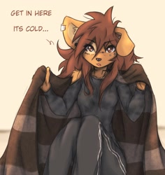 Size: 2045x2167 | Tagged: safe, artist:tinygaypirate, oc, oc:apogee (tinygaypirate), canine, dog, mammal, anthro, blanket, brown body, brown eyes, brown fur, brown hair, ear piercing, female, fluff, fur, hair, looking at you, piercing, shoulder fluff, shoulderless, simple background, solo, solo female, text, tracksuit, white background