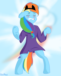 Size: 2000x2500 | Tagged: safe, artist:reinbou, rainbow dash (mlp), equine, fictional species, mammal, pegasus, pony, semi-anthro, friendship is magic, hasbro, my little pony, 2022, alternate hairstyle, blushing, clothes, female, hair, meme, sad cat dance, simple background, solo, solo female