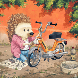 Size: 1200x1200 | Tagged: safe, artist:lundsfryd, mammal, porcupine, semi-anthro, 2022, belt, bicycle, clothes, coat, jeans, male, pants, poison, shirt, solo, solo male, tools, topwear