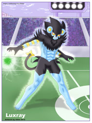 Size: 600x800 | Tagged: safe, artist:shinn, fictional species, luxray, mammal, anthro, digitigrade anthro, nintendo, pokémon, 2012, abs, bedroom eyes, belly button, biceps, colored sclera, detailed background, digital art, ears, featureless crotch, fur, hair, male, muscles, muscular male, pecs, red nose, red sclera, sharp teeth, solo, solo male, tail, teeth, thighs
