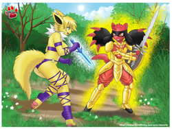 Size: 900x675 | Tagged: safe, artist:shinn, eeveelution, fictional species, jolteon, mammal, riolu, anthro, digitigrade anthro, nintendo, pokémon, 2012, armor, bikini, black nose, breasts, butt, clothes, commission, detailed background, digital art, duo, ears, eyelashes, female, fighting, fluff, fur, hair, knife, looking at each other, male, neck fluff, open mouth, rear view, shield, sideboob, swimsuit, sword, tail, thighs, tongue, weapon, wide hips