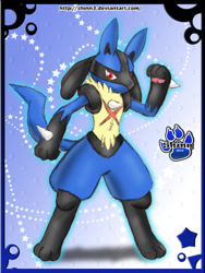Size: 600x800 | Tagged: safe, artist:shinn, fictional species, lucario, mammal, anthro, digitigrade anthro, nintendo, pokémon, 2012, ambiguous gender, bedroom eyes, black body, black fur, blue body, blue fur, digital art, ears, fur, multicolored fur, solo, solo ambiguous, spikes, tail, thighs, two toned body, two toned fur