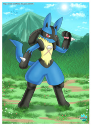 Size: 900x1251 | Tagged: safe, alternate version, artist:shinn, fictional species, lucario, mammal, anthro, digitigrade anthro, nintendo, pokémon, 2012, ambiguous gender, bedroom eyes, commission, detailed background, digital art, ears, fur, looking at you, solo, solo ambiguous, spikes, tail, thighs