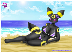 Size: 900x655 | Tagged: suggestive, artist:shinn, eeveelution, fictional species, mammal, umbreon, anthro, digitigrade anthro, nintendo, pokémon, 2012, beach, belly button, bikini, black nose, breasts, clothes, commission, detailed background, digital art, ears, eyelashes, female, fur, looking at you, micro bikini, ocean, pose, sand, solo, solo female, swimsuit, tail, thighs, water, wide hips