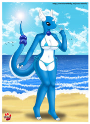 Size: 1024x1409 | Tagged: suggestive, artist:shinn, dragonair, fictional species, anthro, digitigrade anthro, nintendo, pokémon, 2013, belly button, bikini, breasts, claws, clothes, detailed background, digital art, ears, eyelashes, female, hair, horn, micro bikini, scales, solo, solo female, swimsuit, tail, thighs, wide hips