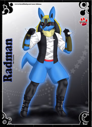 Size: 800x1101 | Tagged: safe, artist:shinn, fictional species, lucario, mammal, anthro, digitigrade anthro, nintendo, pokémon, 2013, clothes, commission, digital art, ears, fur, hair, male, pose, solo, solo male, tail, thighs