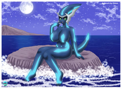 Size: 1024x744 | Tagged: safe, artist:shinn, dialga, fictional species, legendary pokémon, anthro, digitigrade anthro, nintendo, pokémon, 2014, belly button, breasts, commission, detailed background, digital art, ears, eyelashes, featureless breasts, female, ocean, open mouth, pose, scales, sitting, solo, solo female, tail, thighs, tongue, water, wide hips