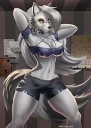 Size: 2646x3742 | Tagged: suggestive, artist:gm_chiou, loona (vivzmind), moxxie (vivzmind), canine, demon, fictional species, hellhound, imp, mammal, anthro, humanoid, helluva boss, bottomwear, breasts, cleavage, clothes, female, fur, high res, shorts, solo, solo female
