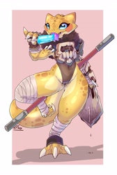 Size: 2746x4096 | Tagged: safe, artist:lluisabadias, fictional species, gecko, kobold, leopard gecko, lizard, reptile, anthro, clothes, eating, female, food, leotard, popsicle, sea salt ice cream, solo, solo female, staff, thick thighs, thighs, wide hips
