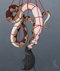 Size: 1074x1280 | Tagged: suggestive, artist:sepisnake, fictional species, reptile, snake, anthro, naga, blushing, bondage, breasts, featureless breasts, female, forked tongue, solo, solo female, suspended, tail, tongue, tongue out