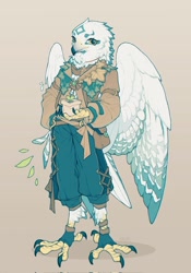 Size: 1430x2048 | Tagged: safe, artist:depravedstar, bird, anthro, beak, bottomwear, clothes, feathers, male, pants, shirt, solo, solo male, tail, tail feathers, topwear, wings