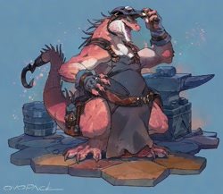 Size: 2048x1774 | Tagged: safe, artist:ovopack, dragon, fictional species, anthro, anvil, apron, blacksmith, clothes, male, muscles, muscular male, solo, solo male, tail