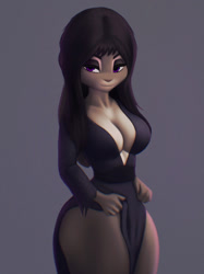 Size: 956x1280 | Tagged: safe, artist:aozee, judy hopps (zootopia), lagomorph, mammal, rabbit, anthro, disney, zootopia, 2022, bedroom eyes, breasts, cleavage, clothes, commission, digital art, dress, ears, elvira, eyelashes, female, fur, hair, looking at you, pink nose, side slit, simple background, solo, solo female, tail, thighs, wide hips