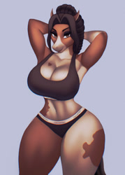 Size: 919x1280 | Tagged: safe, artist:aozee, oc, oc only, equine, horse, mammal, anthro, 2022, armpits, arms behind head, bedroom eyes, big breasts, breasts, clothes, commission, digital art, ears, eyelashes, female, fur, hair, looking at you, pose, simple background, solo, solo female, sports bra, sports panties, tail, thighs, topwear, wide hips