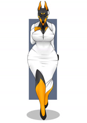 Size: 1280x1811 | Tagged: safe, artist:almankanine, oc, oc:heidi, canine, doberman, dog, mammal, anthro, big breasts, breasts, cleavage, eyes closed, female, solo, solo female, thick thighs, thighs, walking, wide hips