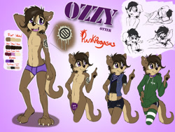 Size: 1024x770 | Tagged: safe, artist:punkpega, oc, oc:ozzy, mammal, mustelid, otter, anthro, 2015, belly button, bottomwear, censored, clothes, crop top, male, midriff, multeity, reference sheet, short shorts, shorts, solo, solo male, topwear
