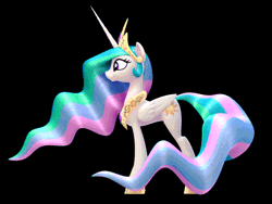 Size: 500x375 | Tagged: safe, artist:2snacks, princess celestia (mlp), alicorn, equine, fictional species, mammal, pony, feral, friendship is magic, hasbro, my little pony, 2014, 3d, 3d animation, animated, black background, crown, digital art, ethereal mane, ethereal tail, feathered wings, feathers, female, folded wings, gif, headwear, hoof shoes, horn, jewelry, looking left, loop, low res, mare, perfect loop, peytral, princess, profile, regalia, side view, simple background, solo, solo female, standing, wings, work in progress