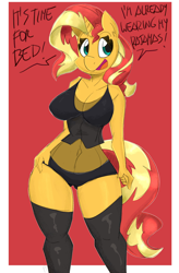 Size: 2000x3050 | Tagged: suggestive, artist:flutterthrash, sunset shimmer (mlp), equine, fictional species, mammal, pony, unicorn, anthro, friendship is magic, hasbro, my little pony, 2022, anthrofied, big breasts, breasts, cleavage, clothes, dialogue, female, high res, horn, legwear, mare, open mouth, open smile, see-through, smiling, socks, solo, solo female, talking, text, thigh highs