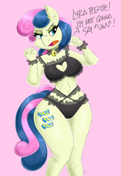 Size: 2000x2898 | Tagged: suggestive, artist:flutterthrash, bon bon (mlp), earth pony, equine, fictional species, mammal, pony, anthro, friendship is magic, hasbro, my little pony, 2022, anthrofied, bell, bell collar, black underwear, breasts, cleavage, clothes, collar, cutie mark, dialogue, female, high res, implied lyra, lingerie, mare, see-through, solo, solo female, talking, text, unamused, underwear, uwu