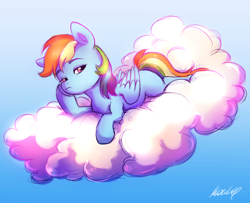 Size: 2140x1740 | Tagged: safe, artist:buttersprinkle, rainbow dash (mlp), equine, fictional species, mammal, pegasus, pony, feral, friendship is magic, hasbro, my little pony, 2022, blank flank, bored, cloud, feathered wings, feathers, female, folded wings, looking at you, lying down, mare, on a cloud, signature, simple background, sky, solo, solo female, tail, wings