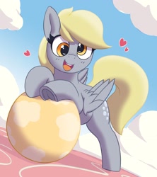 Size: 2338x2636 | Tagged: safe, artist:pabbley, derpy hooves (mlp), equine, fictional species, mammal, pegasus, pony, feral, friendship is magic, hasbro, my little pony, 2022, ball, blonde hair, blonde mane, blonde tail, cloud, cute, feathered wings, feathers, female, gray body, hair, happy, heart, high res, hooves, mane, mare, open mouth, open smile, smiling, solo, solo female, tail, underhoof, wings